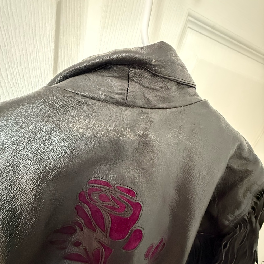 Women's Black Leather Fringe Jacket - Picture 3 of 13